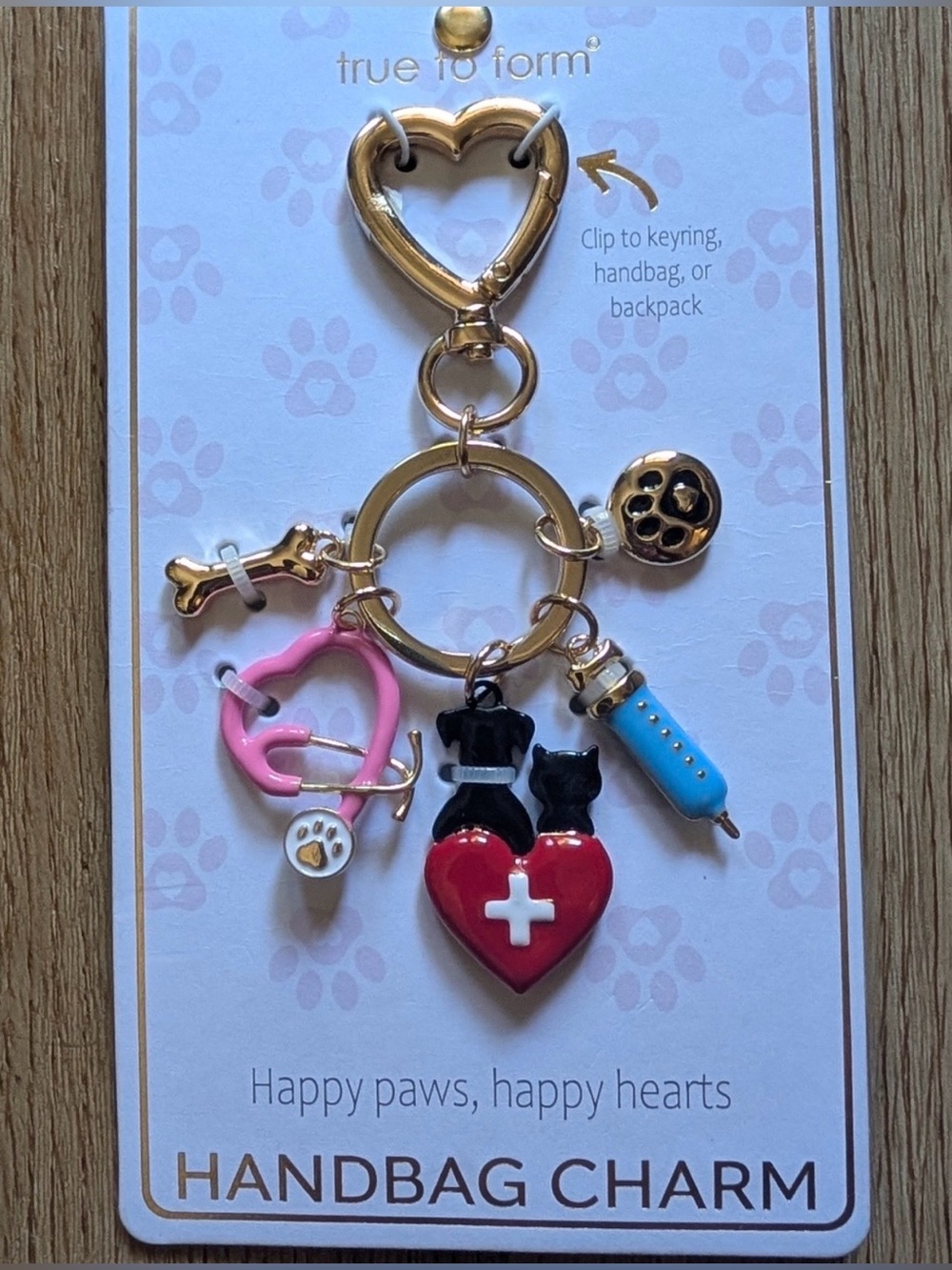 True to Form Gold-Tone Pet Rescue Key & Bag Charm — Pink, Red, Blue Accents